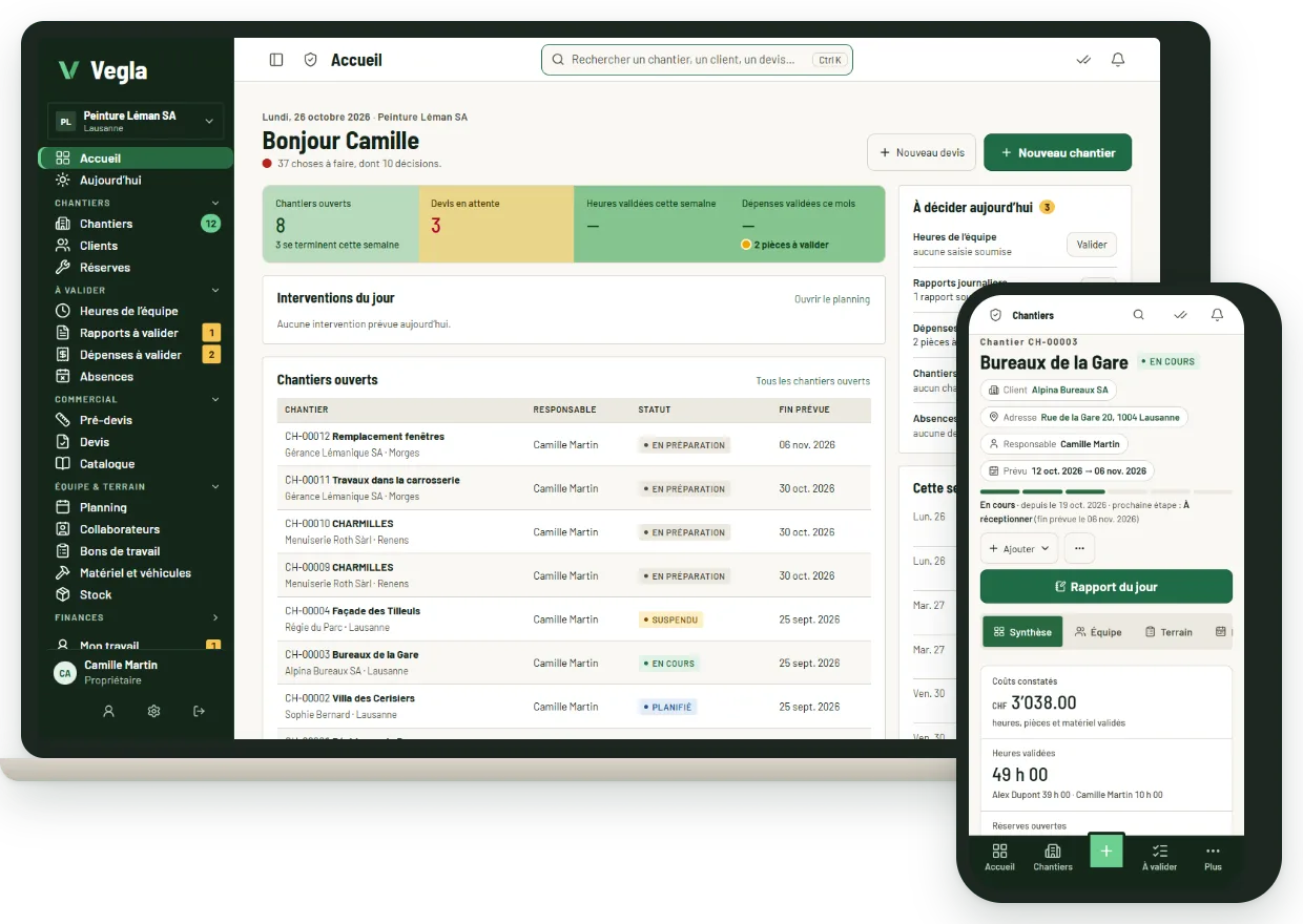L'application Vegla sur ordinateur (accueil de l'entreprise : projets ouverts, décisions du jour) et sur téléphone (fiche d'un projet en cours). Données fictives.