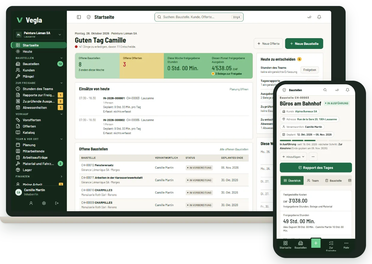 Die Anwendung Vegla am Computer (Startseite des Unternehmens: offene Projekte, Entscheide des Tages) und auf dem Handy (Detailansicht eines laufenden Projekts). Fiktive Daten.