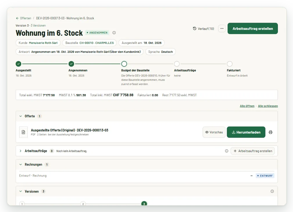 Vom Kunden angenommene Offerte: Schritte ausgestellt, angenommen, Budget, Arbeitsaufträge, verrechnet, mit Total exkl. MWST, MWST und PDF. Fiktive Daten.