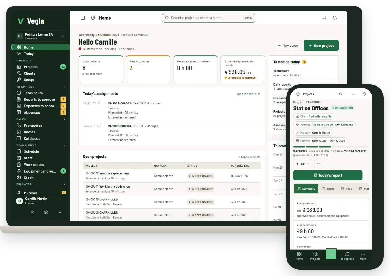 The Vegla app on a computer (company home page: open projects, today's decisions) and on a phone (page of an ongoing project). Fictitious data.