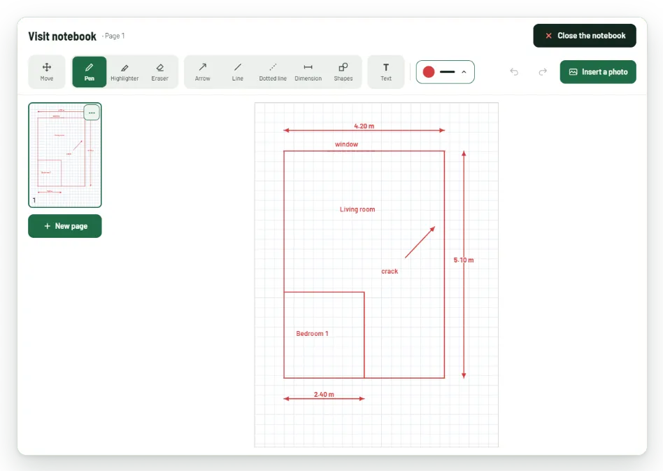 Visit notebook: plan of a living room and a bedroom drawn with dimensions (4.20 m, 5.10 m, 2.40 m). Fictitious data.