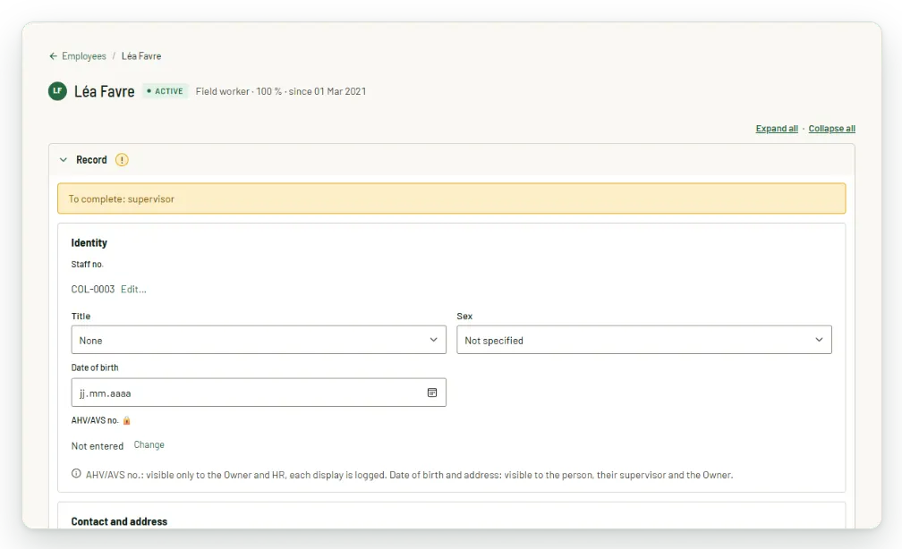 Employee record, Absences tab: remaining holiday days, annual entitlement and list of approved or requested absences. Fictitious data.