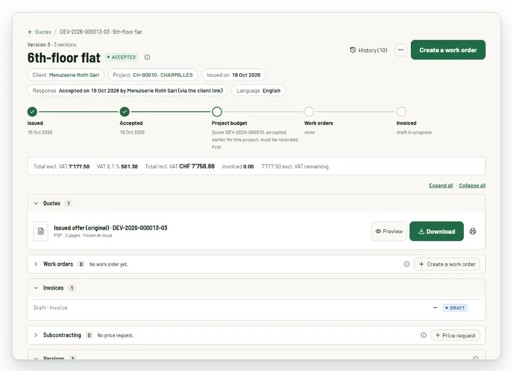 Quote accepted by the client: steps issued, accepted, budget, work orders, invoiced, with the total excl. VAT, the VAT and the PDF. Fictitious data.