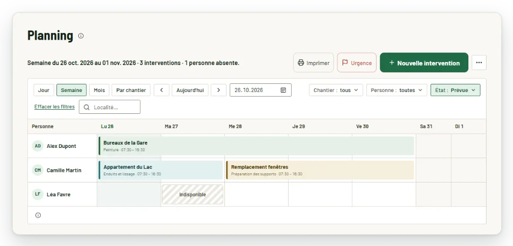 Planning de la semaine par personne : interventions sur trois projets et une absence. Données fictives.