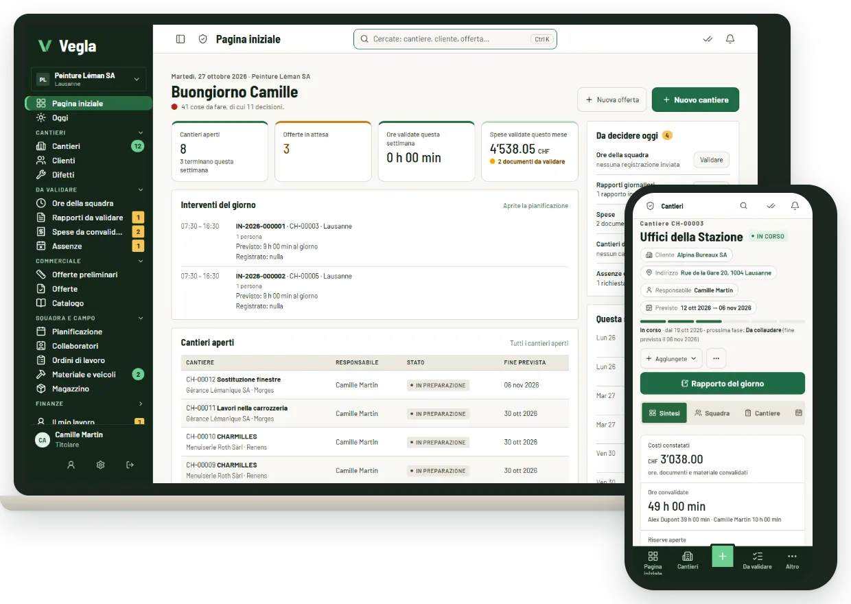 L'applicazione Vegla sul computer (pagina iniziale dell'impresa: progetti aperti, decisioni del giorno) e sul telefono (scheda di un progetto in corso). Dati fittizi.