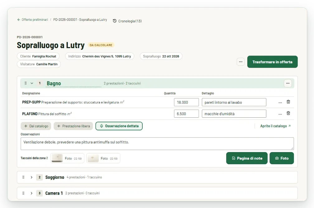 Offerta preliminare sul tablet: zona «Bagno» con due prestazioni, le quantità, un'osservazione e due foto. Dati fittizi.