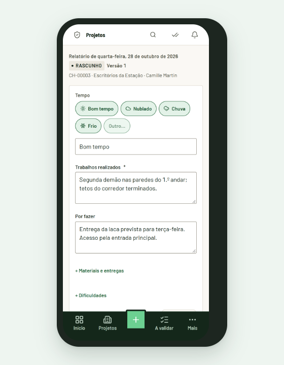 Rapport du jour sur le téléphone, écran en portugais