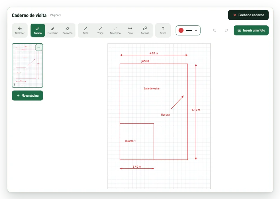 Caderno de visita: planta de uma sala e de um quarto desenhada com cotas (4.20 m, 5.10 m, 2.40 m). Dados fictícios.