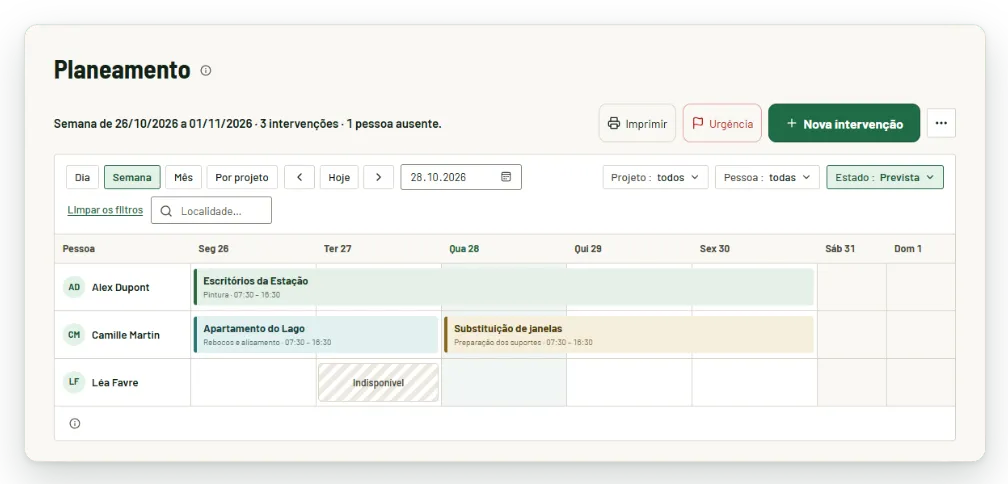 Planeamento da semana por pessoa: intervenções em três projetos e uma ausência. Dados fictícios.